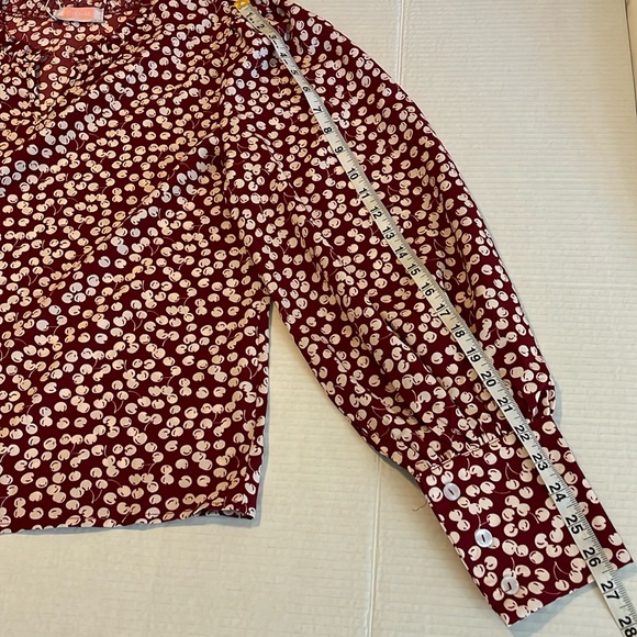 C+D+M Collection Cherry Print Flowy Blouse Balloon Sleeves Ruffle Split Neck - Picture 11 of 16